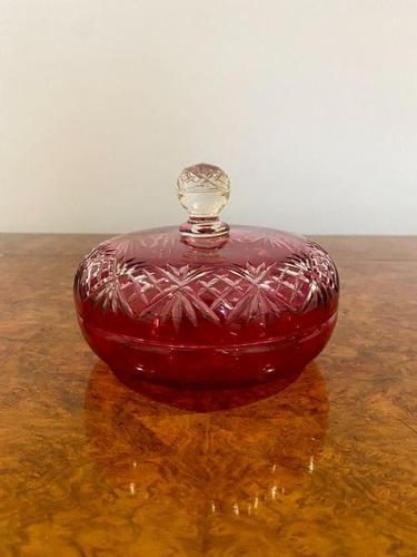 Antique Victorian Quality Cut Cranberry Glass Lidded Bowl (1 of 4)