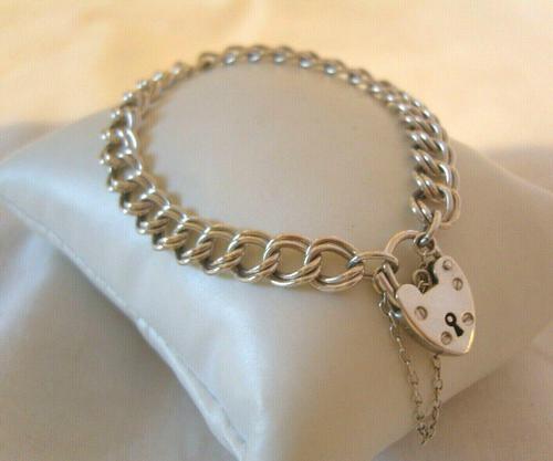 Vintage Sterling Silver Bracelet 1976 Double Curb With Heart Padlock 7 1/2" Length (1 of 11)