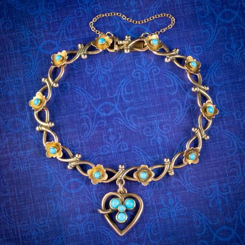 Antique Victorian Turquoise Heart Forget Me Not Bracelet 9ct Gold With Box c 1880 (1 of 9)