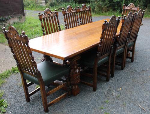 1960s Carved Oak Refectory Table with Set 8 Dining Chairs Green Upholstery (1 of 10) 1960s Carved Oak Refectory Table with Set 8 Dining Chairs Green Upholstery (1 of 10)