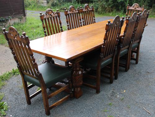 1960s Carved Oak Refectory Table with Set 8 Dining Chairs Green Upholstery (1 of 10)