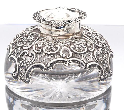 Victorian Silver Mounted Glass Inkwell. Wm. Comyns & Sons 1895 (1 of 4) Victorian Silver Mounted Glass Inkwell. Wm. Comyns & Sons 1895 (1 of 4)
