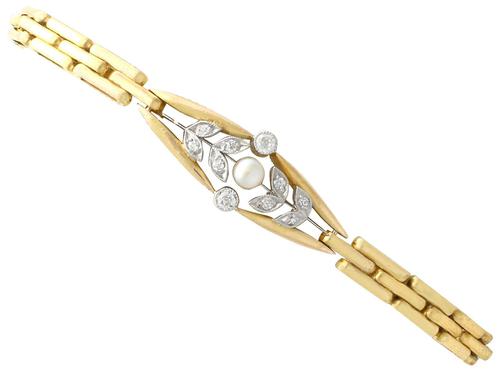 0.35ct Diamond & Pearl, 14ct Yellow Gold Bracelet - Antique c.1910 (1 of 8) 0.35ct Diamond & Pearl, 14ct Yellow Gold Bracelet - Antique c.1910 (1 of 8)