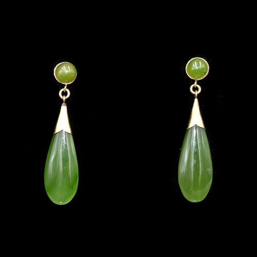 Vintage Green Nephrite Jade 9K 9ct Yellow Gold Drop Dangle Earrings (1 of 5)