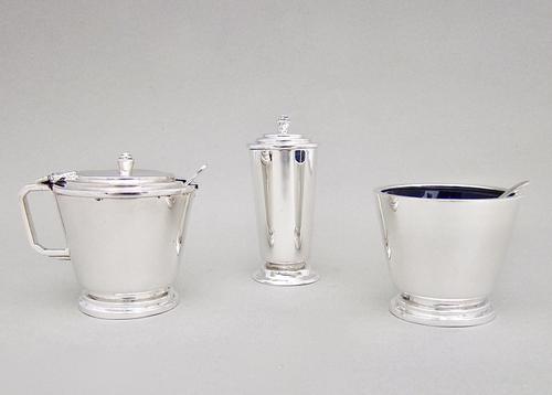 Art Deco Sterling Silver Three Piece Condiment Set by Reid & Son, Birmingham 1934 (1 of 5)