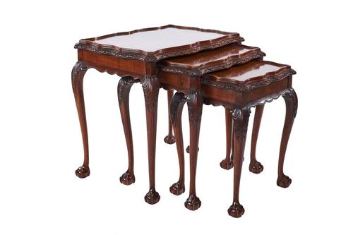 Burr Walnut & Carved Nest of 3 Tables c.1930 (1 of 7) Burr Walnut & Carved Nest of 3 Tables c.1930 (1 of 7)