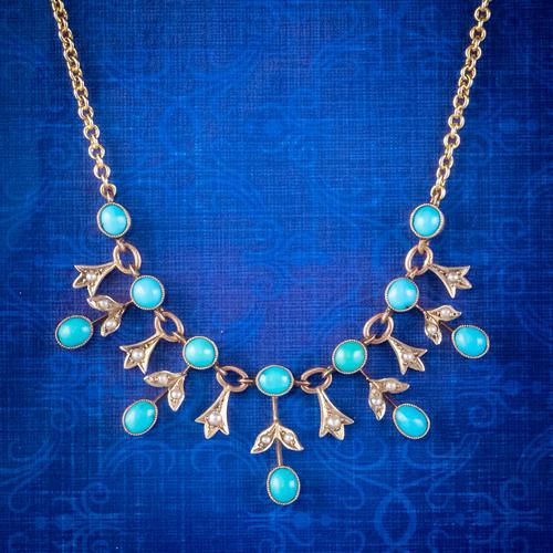 Antique Edwardian Turquoise Pearl Garland Necklace 9ct Gold Circa 1905 (1 of 6) Antique Edwardian Turquoise Pearl Garland Necklace 9ct Gold Circa 1905 (1 of 6)
