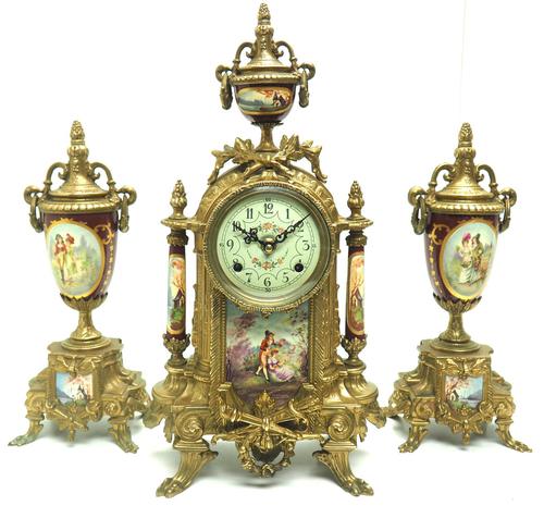 Vintage Sevres Mantel Clock Garniture 8 Day Striking Ormolu Mantel Clock (1 of 14)