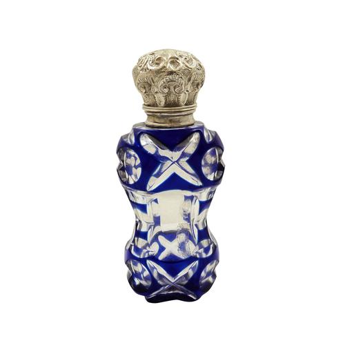 Antique Victorian Silver & Blue Overlay Glass Perfume / Scent Bottle c.1890 (1 of 8)