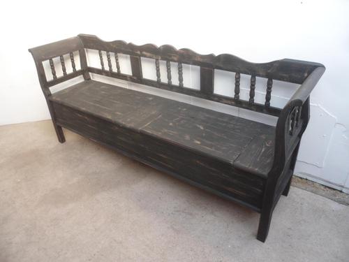 Shabby Chic Black 4 Seater Antique Pine Kitchen / Hall Box Settle / Bench (1 of 10)