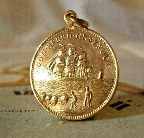 Antique Pocket Watch Chain Fob 1902 King Edward V11 & Greenock Ship Rose Gilt Fob (1 of 3)