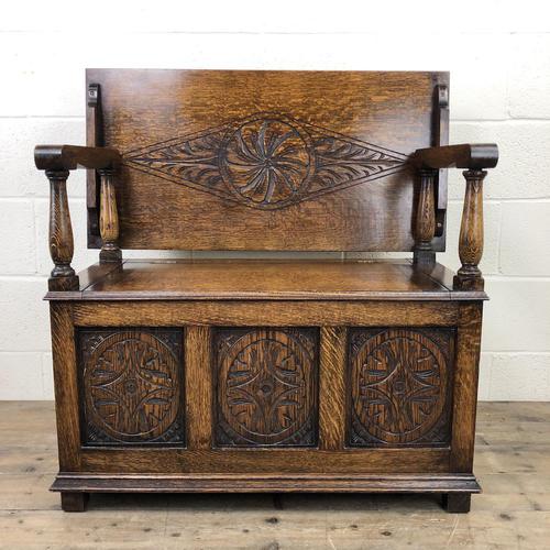 Antique Carved Oak Monks Bench Hall Seat (1 of 10)