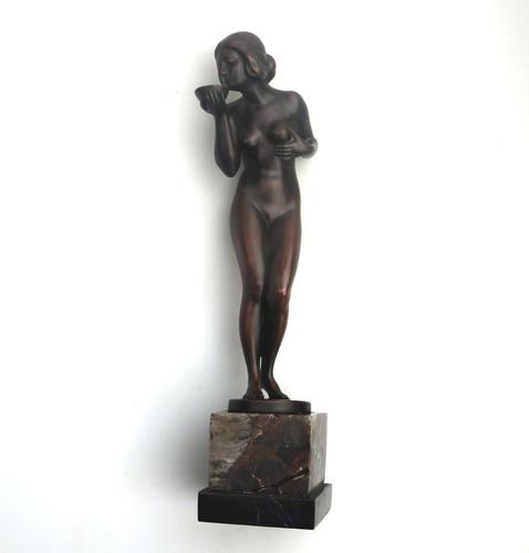 A Good Art Deco Bronze Nude Maiden with Drinking Bowl by Eugene Wagner C.1920 (1 of 11)