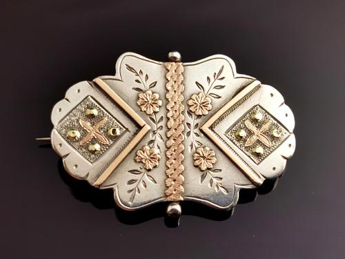 Victorian Aesthetic Silver Locket Brooch, 9ct Yellow & Rose Gold (1 of 8)