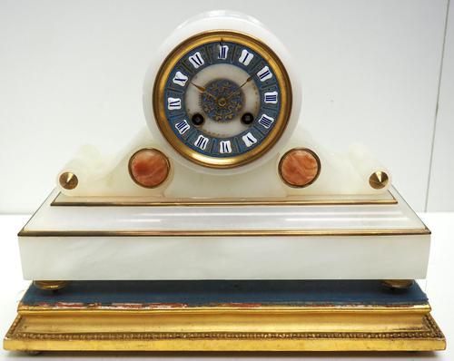 Fine Antique French Alabaster Mantel Clock – Blue Painted Dial 8-day Striking Mantle Clock (1 of 8)