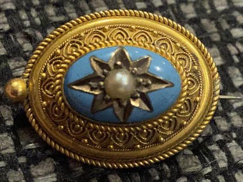 Victorian Yellow Metal, Enamel & Seed Pearl Brooch c.1860 (1 of 3)