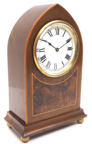 Impressive Mahogany Edwardian Lancet Clock Burr Walnut Inlay Timepiece Mantel Clock (1 of 8)