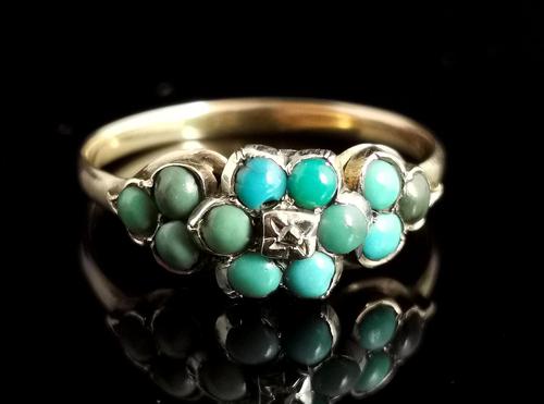 Antique Victorian Turquoise & Diamond Cluster Ring, 18ct Gold, Forget me Not (1 of 10)