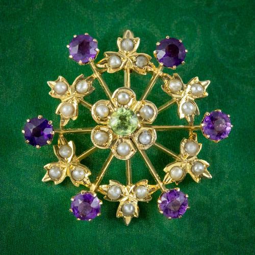 Antique Suffragette Floral Pendant 9ct Gold Amethyst Peridot Pearl c.1910 (1 of 6) Antique Suffragette Floral Pendant 9ct Gold Amethyst Peridot Pearl c.1910 (1 of 6)