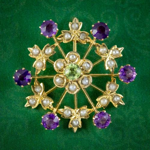 Antique Suffragette Floral Pendant 9ct Gold Amethyst Peridot Pearl c.1910 (1 of 6)