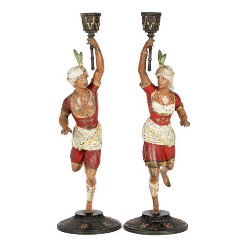 Pair of Continental, Probably French, Cold Painted Metal Figural Candlesticks (1 of 27) Pair of Continental, Probably French, Cold Painted Metal Figural Candlesticks (1 of 27)