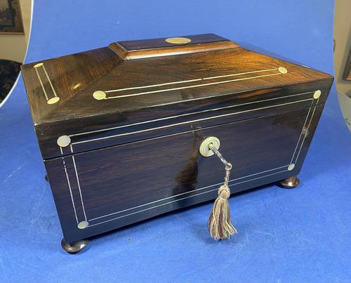 William IV Rosewood Tea Caddy with Mother of Pearl & Pewter Inlay (1 of 8)