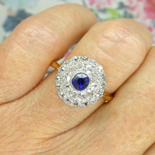 Antique Art Deco 18ct Platinum Sapphire & Diamond Halo Cluster Ring c.1920 (1 of 10)