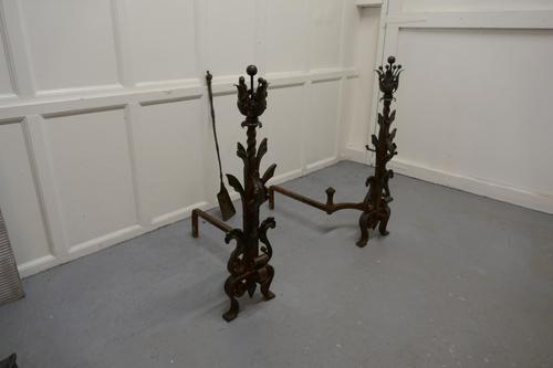 Very Large Heavy Pair of French Iron Andirons (1 of 8) Very Large Heavy Pair of French Iron Andirons (1 of 8)
