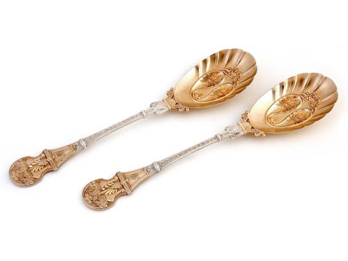 Ornate Boxed Pair of Victorian Silver Plated Partial Gilt Serving Spoons (1 of 8)