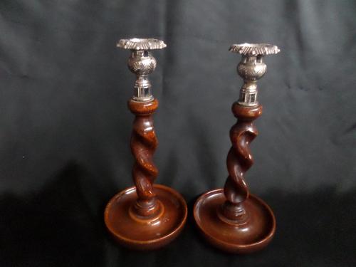 Lovely Pair of Oak Twisted Candlesticks / Metal Sconces (1 of 7) Lovely Pair of Oak Twisted Candlesticks / Metal Sconces (1 of 7)