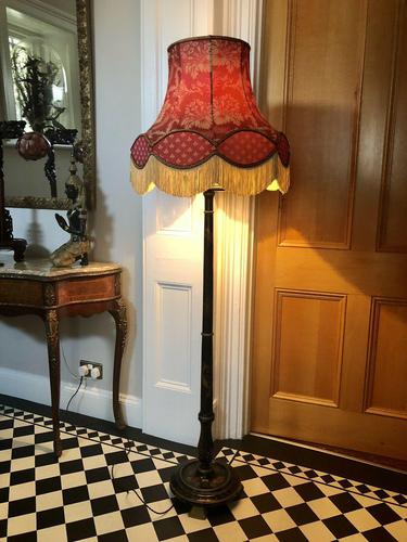 Antique Chinoiserie Black Lacquered, Hand Painted Floor Lamp with Shade (1 of 10)