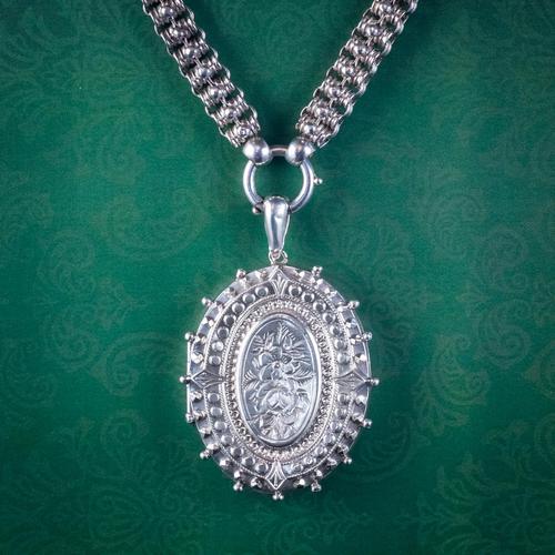 Antique Victorian Forget Me Not Locket Collar Necklace Sterling Silver Dated 1882 (1 of 9)