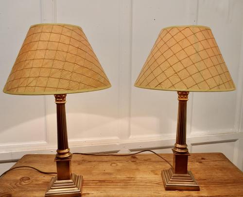 A Pair of Brass Corinthian Column Table Lamps with Shades (1 of 8) A Pair of Brass Corinthian Column Table Lamps with Shades (1 of 8)