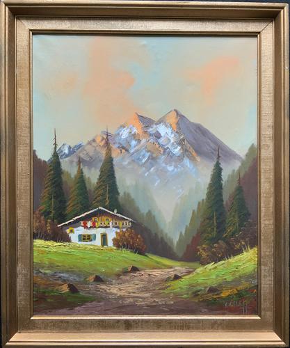 The Alpine Chalet - Swiss School - A Vintage Snow-capped Landscape Oil Painting (1 of 12) The Alpine Chalet - Swiss School - A Vintage Snow-capped Landscape Oil Painting (1 of 12)