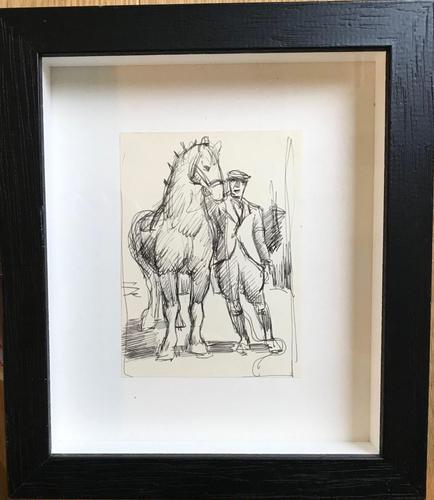 Original Pen an Ink Drawing 'Shire Horse & Handler' by Toby Horne Shepherd - Framed in a Painted Solid Wood Moulding. Provenance; Helen Shepherd c.1955 (1 of 2) Original Pen an Ink Drawing 'Shire Horse & Handler' by Toby Horne Shepherd - Framed in a Painted Solid Wood Moulding. Provenance; Helen Shepherd c.1955 (1 of 2)