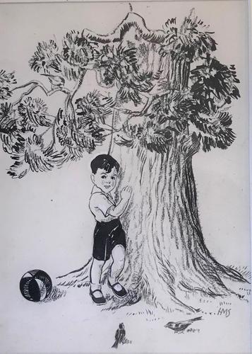 Original pen and ink 'A book illustration' by Hector Macdonald Sutton. 1903-95. Initialed. c.1955. Framed (1 of 2) Original pen and ink 'A book illustration' by Hector Macdonald Sutton. 1903-95. Initialed. c.1955. Framed (1 of 2)