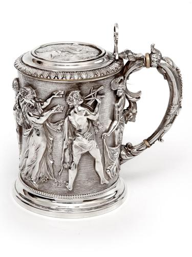 Ornate Victorian Electro Formed Silver Plated Lidded Tankard with Figural Scenes of Musicians (1 of 13) Ornate Victorian Electro Formed Silver Plated Lidded Tankard with Figural Scenes of Musicians (1 of 13)