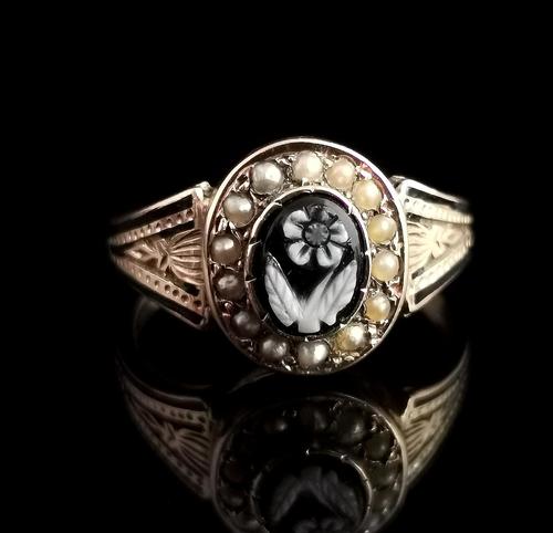 Antique Victorian Mourning Ring, 15ct Gold, Black Enamel & Seed Pearl, Agate Forget me Not (1 of 13)