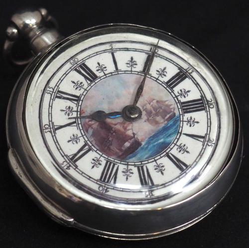 Antique Silver Pair Case Pocket Watch Fusee Verge Escapement Key Wind Galleon Ships Painting (1 of 5)