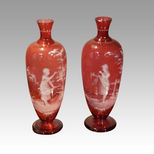 Pair of Mary Gregory Cranberry Glass Vases Maidens (1 of 3)