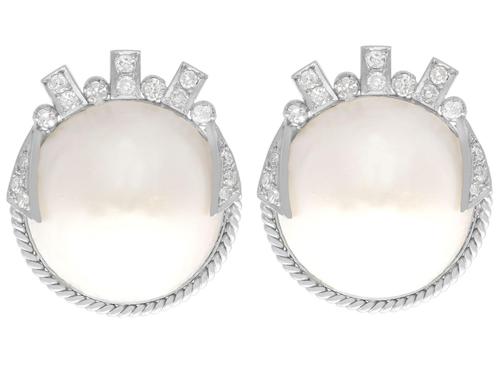 Mabe Pearl & 0.78ct Diamond, 9ct White Gold Earrings - Art Deco Style - Vintage c.1950 (1 of 9) Mabe Pearl & 0.78ct Diamond, 9ct White Gold Earrings - Art Deco Style - Vintage c.1950 (1 of 9)