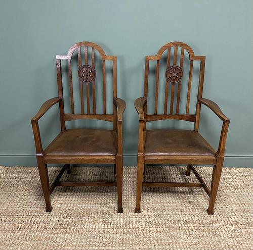 Unusual Pair of Edwardian Oak Carver Chairs by JAS. Shoolbred (1 of 8)