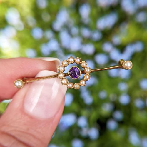 Dainty Antique 15ct Yellow Gold Amethyst & Pearl Brooch (1 of 7)