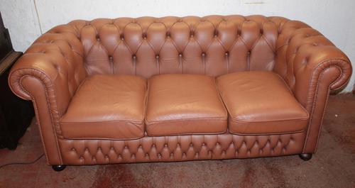 1960's Leather Chesterfield 3 Seater Sofa Upholstered Light Tan (1 of 3)