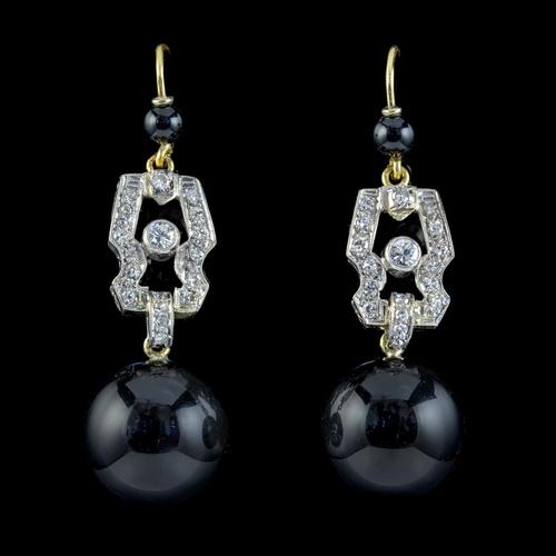 Art Deco Onyx Diamond Drop Earrings Platinum 18ct Gold Circa 1920 (1 of 4)