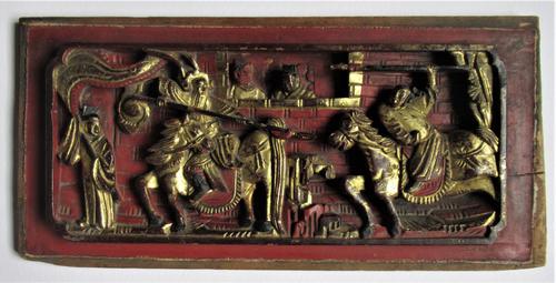 Antique Chinese giltwood carved panel, 19th century, jousting/duel (1 of 8)