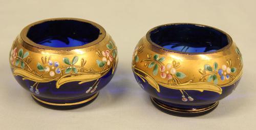 Antique Pair of Bristol Blue Decorated Salts (1 of 2)