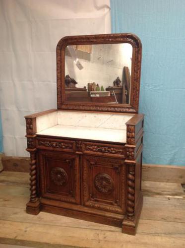 19th Century French Solid Oak Gothic Oak Revival Marble Top Washstand (1 of 9)