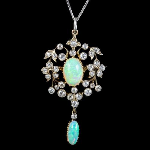 Antique Edwardian Opal Diamond Pendant Necklace Platinum 18ct Gold 2.50ct Of Diamond c.1905 (1 of 8)