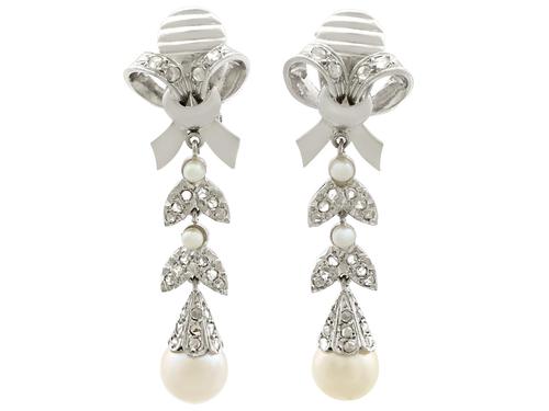 0.54ct Diamond & Pearl, 18ct White Gold Drop Earrings - Vintage c.1960 (1 of 9) 0.54ct Diamond & Pearl, 18ct White Gold Drop Earrings - Vintage c.1960 (1 of 9)